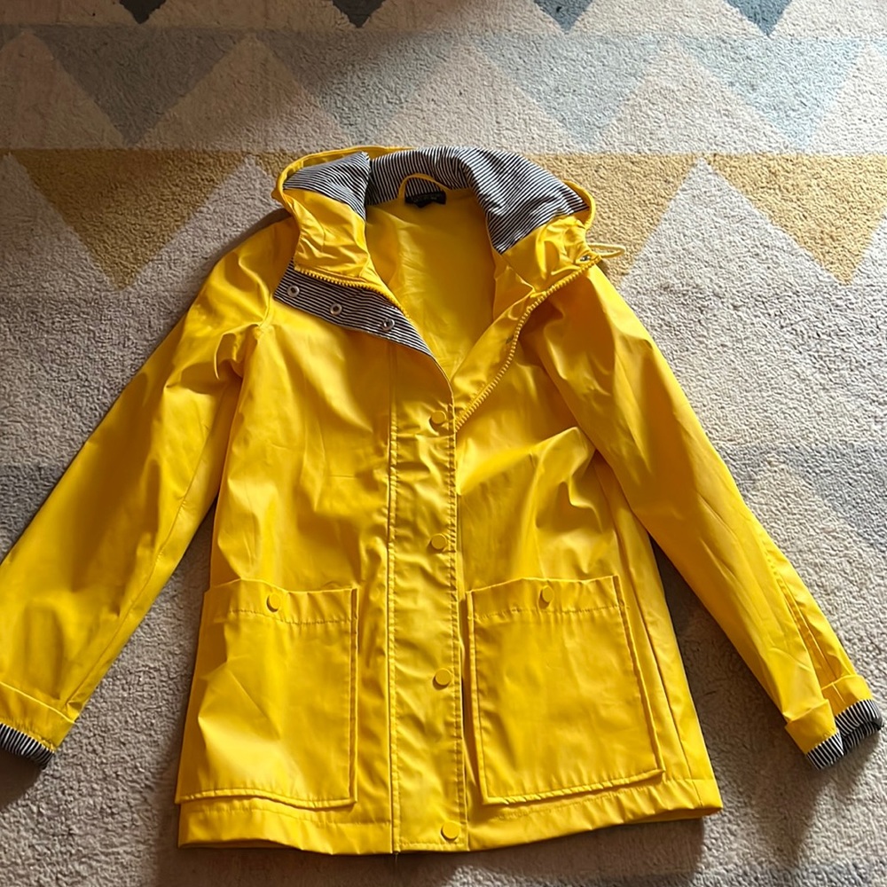 Top shop yellow raincoat with navy/white striped cuffs, hood